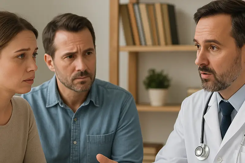 How DMX Reveals Hidden Cervical Instability Before Your PRP or Stem‑Cell Treatment - A concerned couple listens attentively to a male doctor during a consultation in a calm medical office setting.