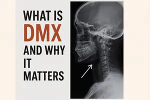 Digital graphic showing a lateral cervical spine X-ray with an arrow pointing to the neck, alongside the text "What Is DMX and Why It Matters" in bold black and orange letters.