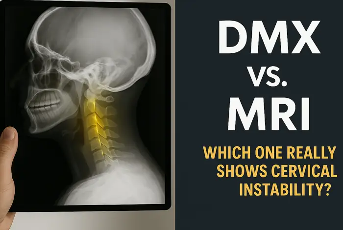 Side-by-side comparison graphic showing a cervical spine X-ray labeled “DMX” on the left and bold text on the right that reads “DMX vs. MRI: Which One Really Shows Cervical Instability
