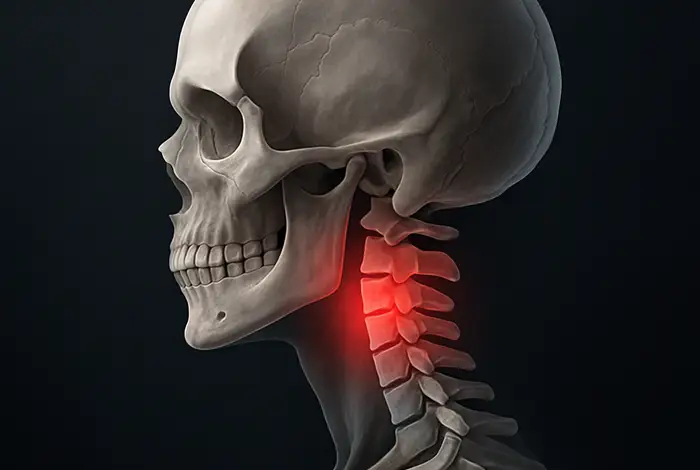 Chronic Neck Pain with No Clear Diagnosis – ilustración médica del cráneo y columna cervical con vértebras resaltadas en rojo que indican inflamación o inestabilidad.