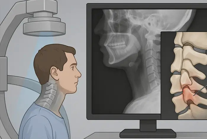 Digital Motion X-Ray Helps Confirm Ligament Instability – ilustración de paciente sometido a rayos X dinámicos con imagen de columna cervical mostrando lesión ligamentaria.
