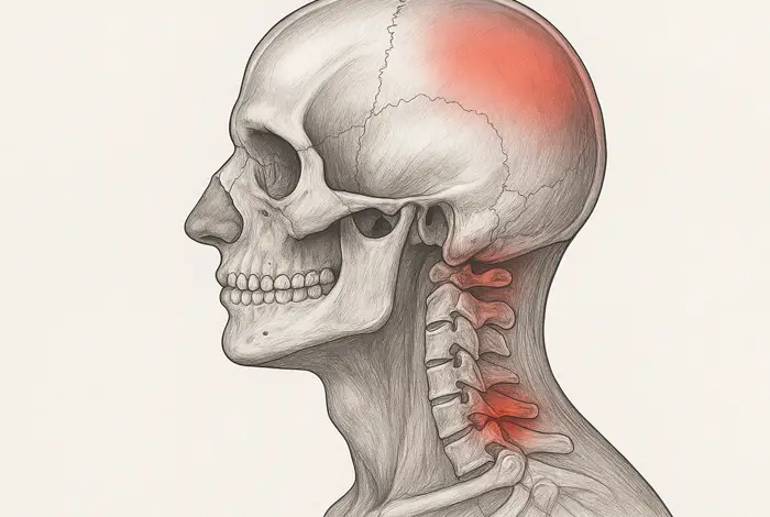 DMX for Migraines – ilustración médica del cráneo y columna cervical con zonas de dolor resaltadas que muestran la inestabilidad cervical como causa potencial de migrañas