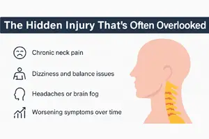 Illustration highlighting symptoms of a hidden neck injury: chronic neck pain, dizziness and balance issues, headaches or brain fog, and worsening symptoms over time. Includes a side view of the cervical spine.
