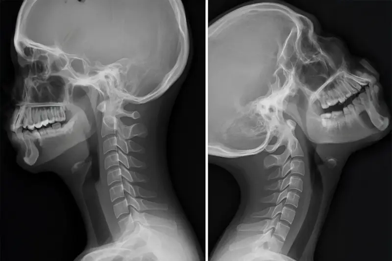 explain your chronic neck pain - Side-by-side cervical spine X-rays showing head and neck in different positions, illustrating movement and potential instability in the upper cervical spine.
