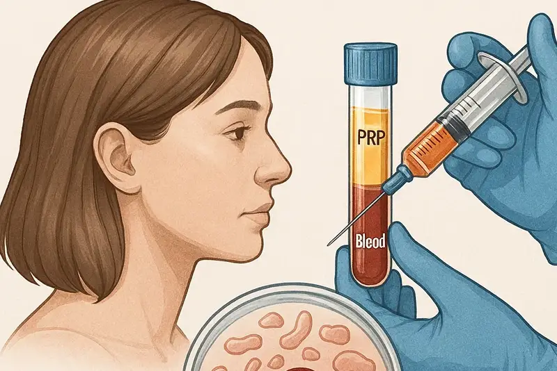 Illustration showing the PRP treatment process: blood is drawn, processed to concentrate platelets, and then injected into the scalp for hair restoration.