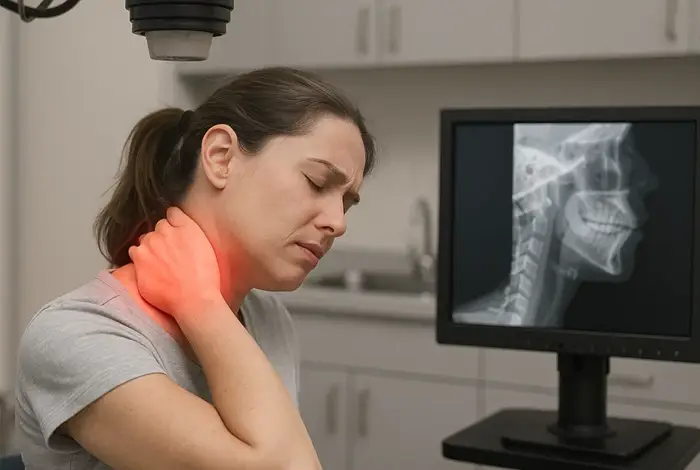 Woman in pain holding her neck in a medical office, with cervical X-ray on screen—illustrating failed physical therapy for neck pain and need for deeper diagnosis.
