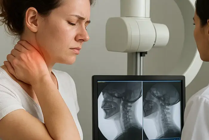 Woman in pain holding her neck in a medical office, with cervical X-ray on screen—illustrating failed physical therapy for neck pain and need for deeper diagnosis.