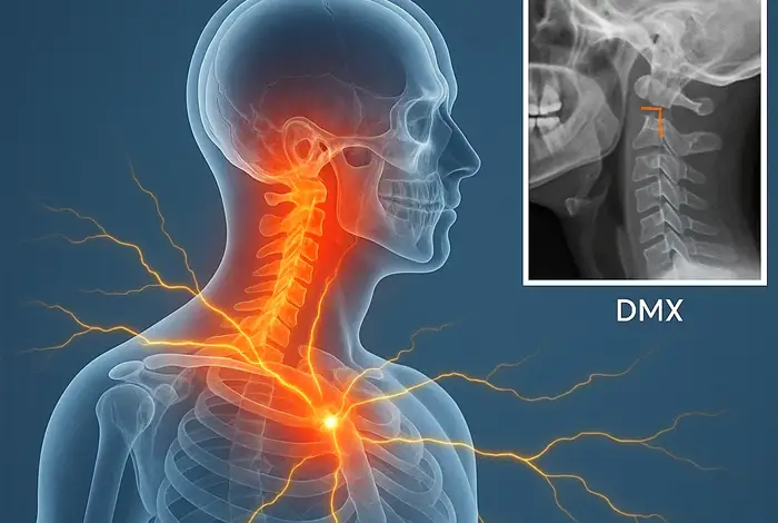 Medical illustration showing nerve pain and neck ligament damage with DMX scan inset, highlighting how neck injuries can affect the entire body.