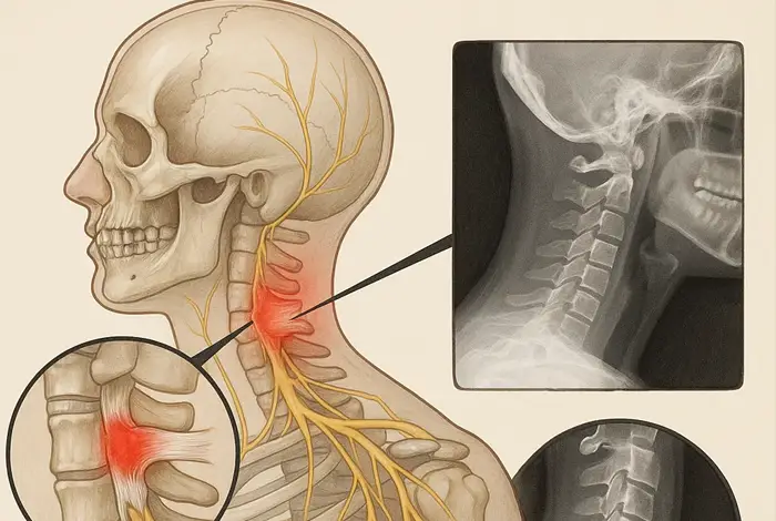 Anatomical illustration of neck ligament damage with highlighted nerve pain and X-ray close-ups, showing how injuries can impact the spine and upper body.