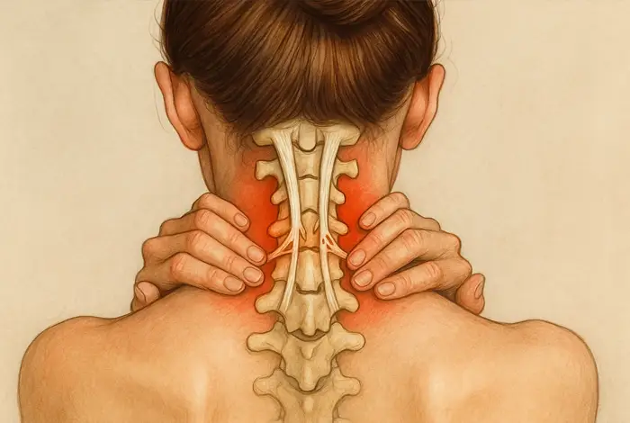 neck ligaments - Illustration of a woman holding her painful neck, highlighting the cervical spine and neck ligaments with red inflammation zones.
