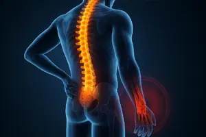 Neck Ligaments - 3D medical illustration of a human figure showing inflammation in the spine and wrist, highlighting nerve pain and musculoskeletal issues.