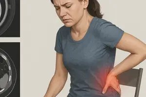 Woman sitting and holding her lower back in pain, indicating possible lumbar spine or ligament issues.