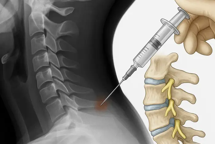 Illustration of a prolotherapy injection targeting cervical spine ligaments, with X-ray and anatomical view highlighting treatment for neck pain and instability.