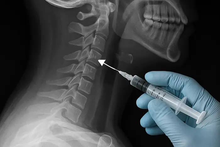 Illustration of a prolotherapy injection targeting cervical spine ligaments, with X-ray and anatomical view highlighting treatment for neck pain and instability.