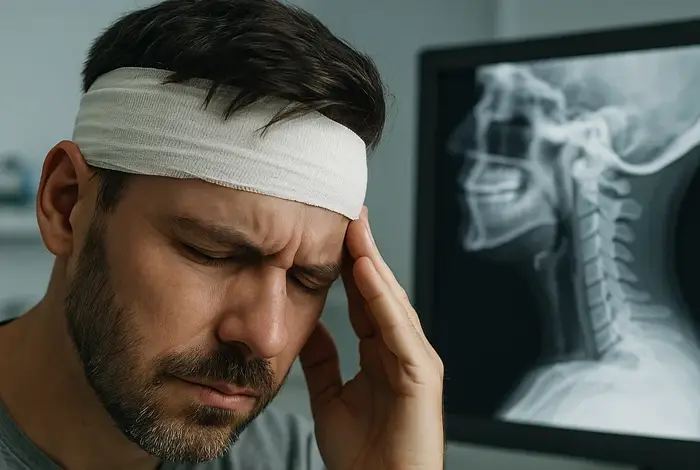 Man holding head in pain with bandage after head injury, next to neck X-ray—illustrating symptoms of being still dizzy after a concussion.