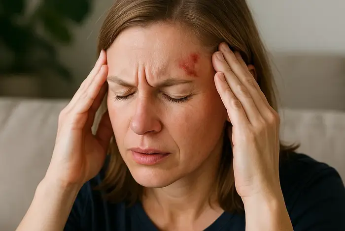 woman holding head in pain with bandage after head injury, next to neck X-ray—illustrating symptoms of being still dizzy after a concussion.