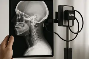 The Scan That Finally Explains Your Pain -Digital X-ray image of a human skull and cervical spine displayed on a tablet, held in front of a DMX imaging device.