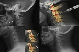 Digital X-ray image of a human skull and cervical spine displayed on a tablet, held in front of a DMX imaging device.









