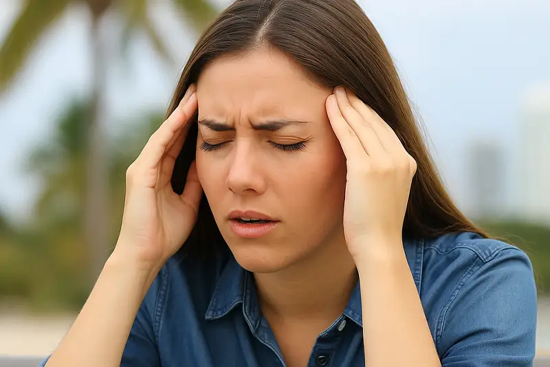 Young woman outdoors pressing her temples with both hands, eyes closed in discomfort, showing signs of headache or dizziness.