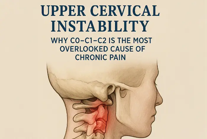 Upper Cervical Instability: Why C0–C1–C2 Is the Most Overlooked Cause of Chronic Pain - Side view anatomical illustration of a human neck showing the upper cervical spine (C0–C1–C2) highlighted in red, indicating pain or instability, with educational text about chronic pain.