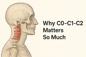 Anatomical side view of a human skeleton highlighting the C0–C1–C2 vertebrae in red, illustrating why this region is often the most overlooked cause of chronic pain.