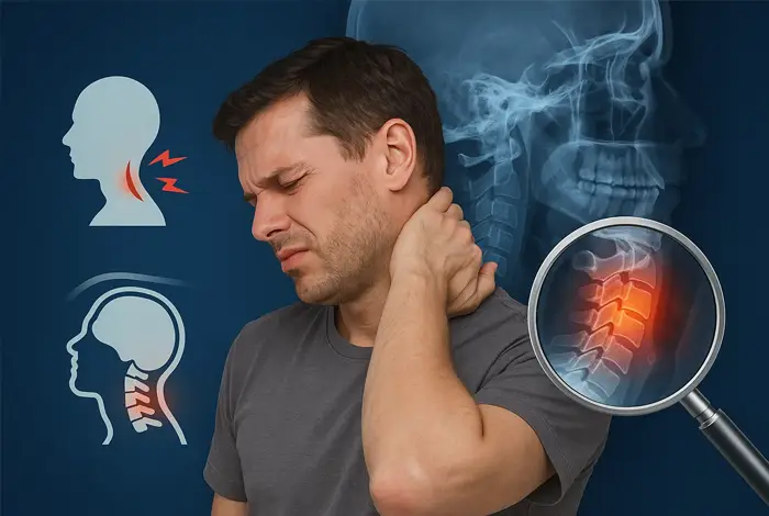 Whiplash Injuries – hombre con dolor de cuello acompañado de ilustraciones médicas que muestran daño en la columna cervical tras un latigazo cervical.