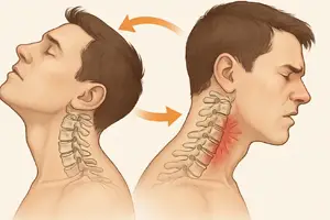 Whiplash Injuries – ilustración médica del movimiento del cuello hacia adelante y atrás que muestra daño cervical típico de un latigazo cervical.