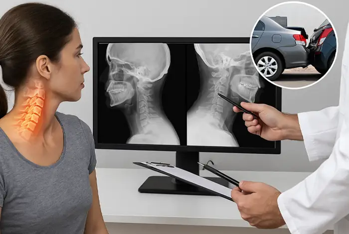 Whiplash and Car Accidents -Doctor reviewing cervical spine X-rays with a woman showing neck pain after a car accident, with an image of a rear-end collision in the corner.