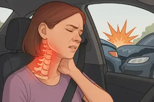 Whiplash and Car Accidents - Illustration of a woman in a car holding her neck in pain after a rear-end collision, highlighting cervical spine trauma from whiplash