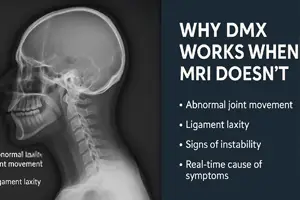 X-ray image of the cervical spine with highlighted text explaining why Digital Motion X-Ray (DMX) is effective when MRI is not, showing benefits like detecting abnormal joint movement and ligament laxity.