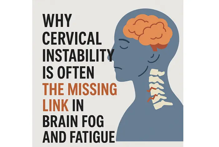 Why Cervical Instability Is Often the Missing Link in Brain Fog and Fatigue -Graphic explaining why cervical instability is often the missing link in brain fog and fatigue, featuring a highlighted spine and brain illustration.