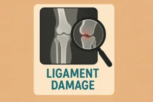 X-ray illustration highlighting torn knee ligament with a magnifying glass, showing why traditional imaging misses ligament damage