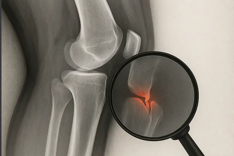 Realistic X-ray of a knee joint with a magnifying glass revealing hidden ligament damage in red.