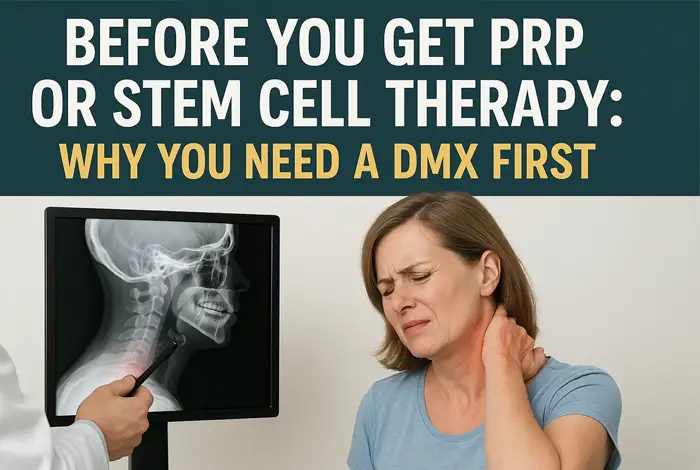 Doctor showing a cervical X-ray to a woman with neck pain, under the text “Before You Get PRP or Stem Cell Therapy: Why You Need a DMX First.