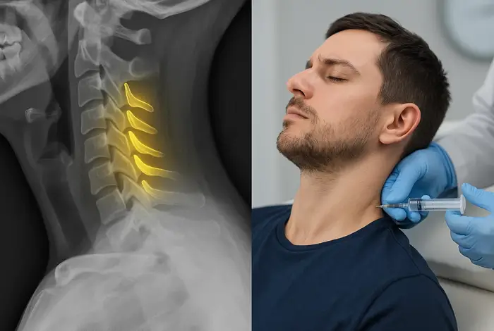 Why You Need a DMX - Split image showing an X-ray with highlighted cervical ligaments on the left and a man receiving a neck injection from a doctor wearing gloves on the right.