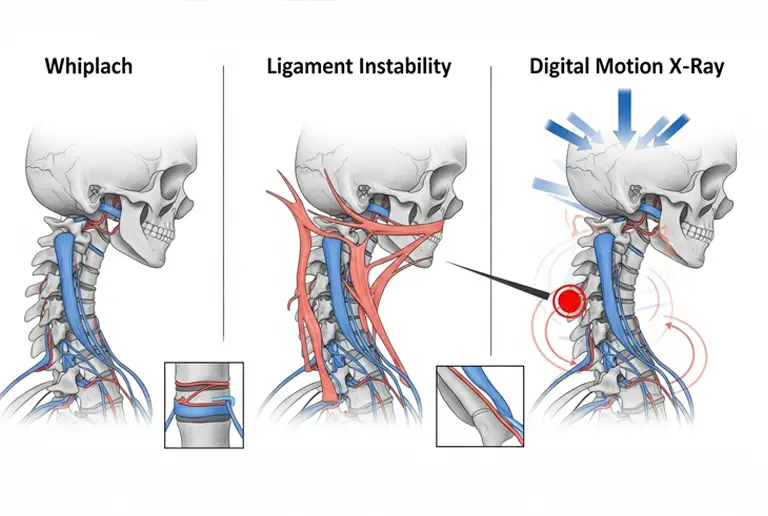 Illustration comparing whiplash, ligament instability, and Digital Motion X-Ray detection in the cervical spine for accurate diagnosis.
