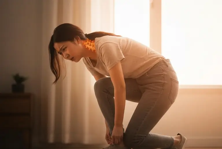 Woman experiencing neck pain and discomfort, illustrating symptoms related to cervical kyphosis and potential ligament instability.