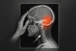 Chronic Headache Cases - Digital X-ray showing human skull and upper cervical spine with highlighted red area indicating instability, and a hand touching the temple.