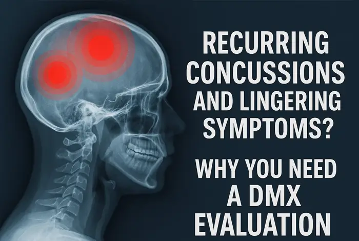 X-ray image of human skull highlighting concussion areas — visual representation of concussions and lingering symptoms needing DMX evaluation Concussions and Lingering Symptoms