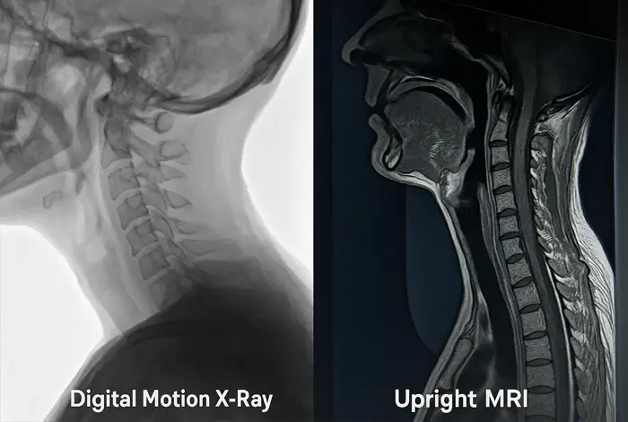 Digital Motion X-Ray vs Upright MRI — side-by-side comparison of cervical spine imaging for neck instability diagnosis