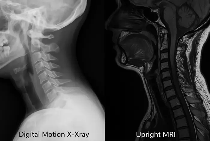 Digital Motion X-Ray vs Upright MRI — side-by-side comparison of cervical spine imaging for neck instability diagnosis