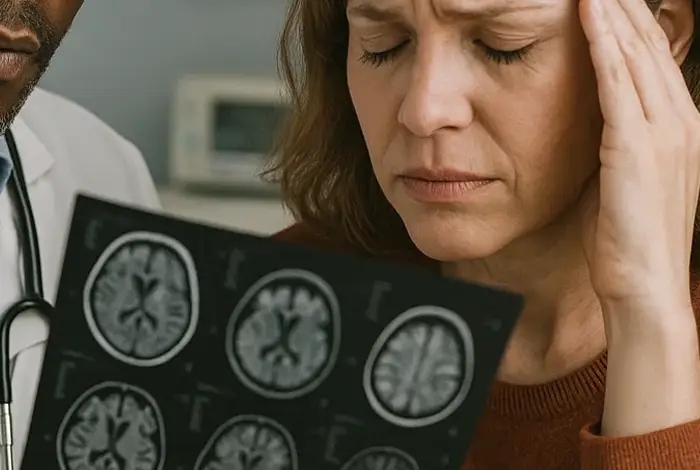 Worried woman holding her head while reviewing normal brain MRI results with a doctor—illustrating the need for DMX for patients with normal MRIs and ongoing symptoms.
