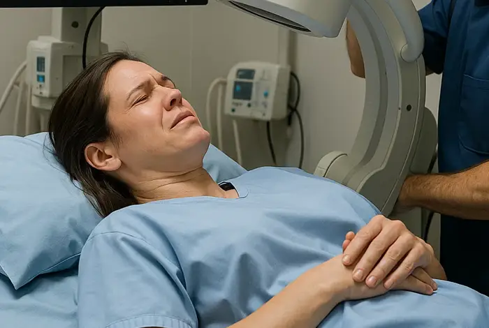 Worried woman holding her head while reviewing normal brain MRI results with a doctor—illustrating the need for DMX for patients with normal MRIs and ongoing symptoms.