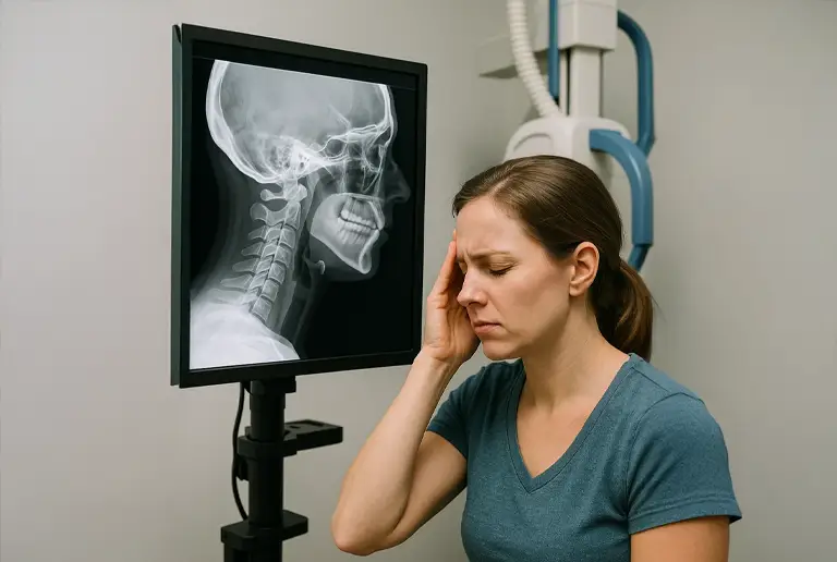 Woman experiencing headaches and migraines during Digital Motion X-Ray in Miami for detecting neck ligament instability.