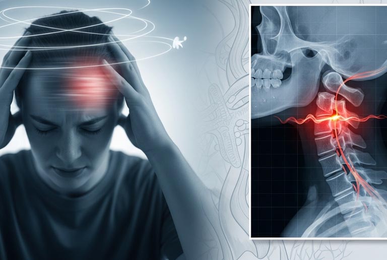Woman experiencing dizziness and headaches from post-concussion syndrome with highlighted cervical ligament instability shown on Digital Motion X-Ray.