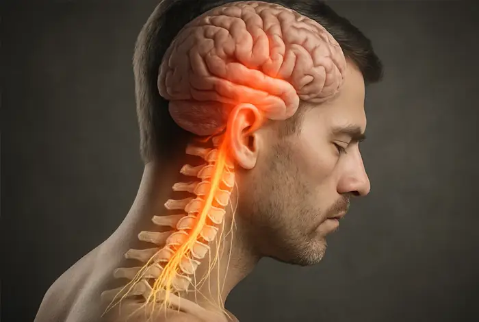 The brainstem connection illustrated in a human profile — showing link between brain and spinal cord