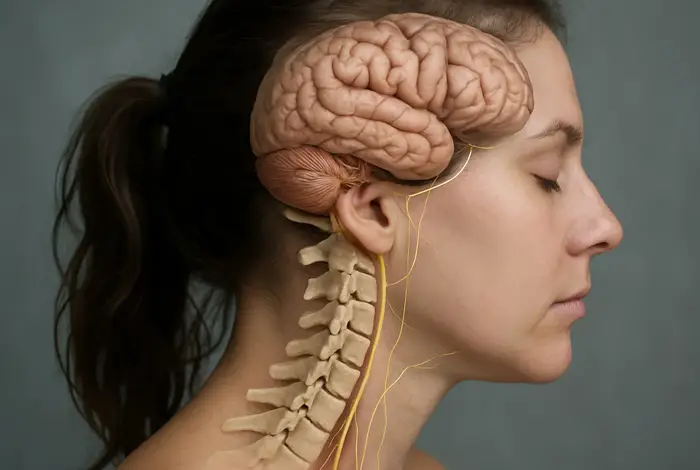 The brainstem connection illustrated in a human profile — showing link between brain and spinal cord
