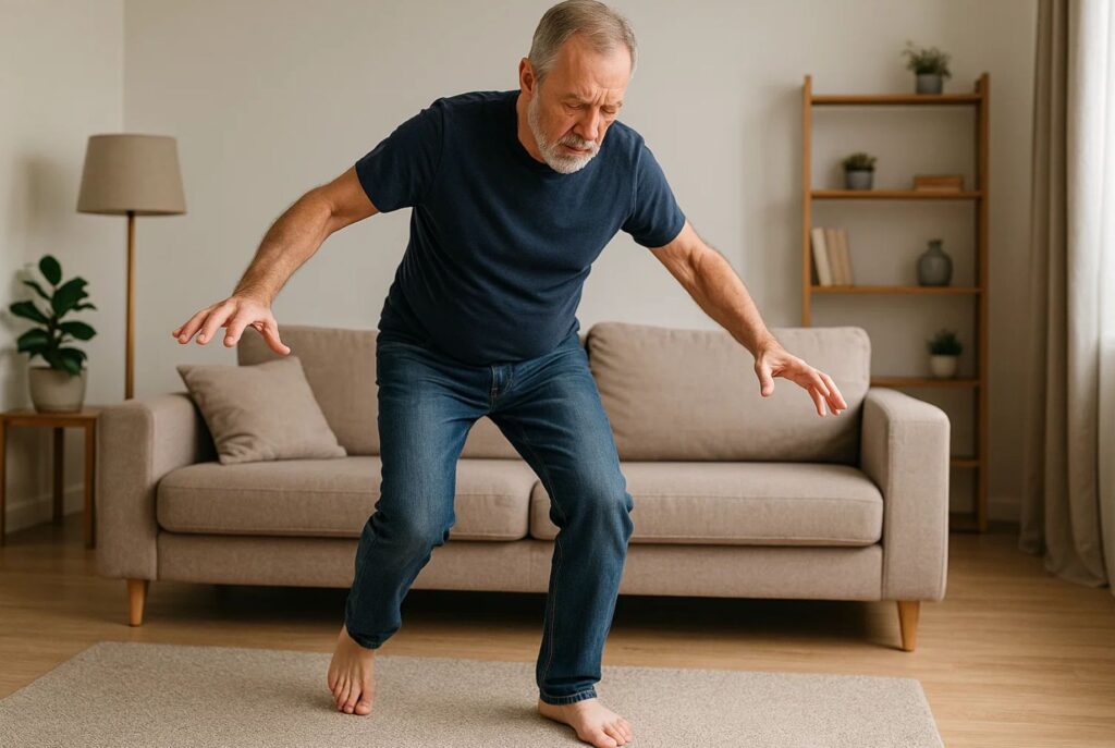 Close-up of feet on an uneven surface, illustrating instability caused by nerve damage.