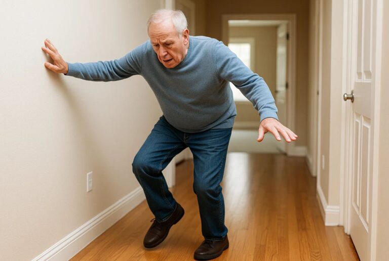 Man struggling to maintain balance while walking, representing peripheral neuropathy balance problems.