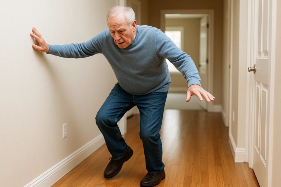 Man struggling to maintain balance while walking, representing peripheral neuropathy balance problems.